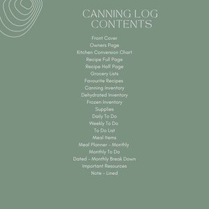 Puede incluir: Un fondo verde con texto blanco que enumera el contenido de un registro de enlatado. El contenido incluye: Portada, P&aacute;gina de los propietarios, Gr&aacute;fico de conversi&oacute;n de cocina, P&aacute;gina completa de recetas, P&aacute;gina de recetas a la mitad, Listas de comestibles, Recetas favoritas, Inventario de enlatado, Inventario deshidratado, Inventario congelado, Suministros, Tareas diarias, Tareas semanales, Lista de tareas, Art&iacute;culos de comida, Planificador de comidas - Mensual, Tareas mensuales, Desglose mensual, Recursos importantes, Nota - Forrado.