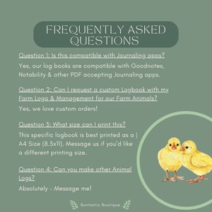 Puede incluir: Preguntas frecuentes sobre un libro de registro personalizado para animales de granja. El libro de registro es compatible con aplicaciones de diario como Goodnotes y Notability. La imagen tambi&eacute;n muestra dos pollitos amarillos sobre un fondo verde.