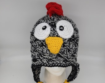 Crochet Chicken Beanie: Black & Gray Halloween Costume Hat