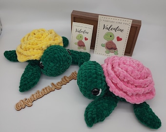 Crocheted Valentine Turtle with Rose Shell – “I Turtely Like You” Gift, Handmade Turtle Plush, Cute Valentine’s Day Gift