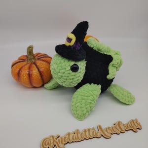 May include: A green and black crocheted turtle wearing a black witch hat with purple and yellow accents. A small orange pumpkin sits to the left of the turtle. The turtle is a Halloween-themed craft.