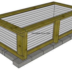 May include: A raised garden bed made of wood and corrugated metal. The bed is supported by concrete blocks and has a wooden top.