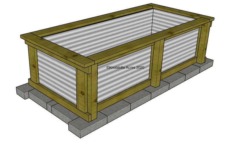 May include: A raised garden bed made of wood and corrugated metal. The bed is supported by concrete blocks and has a wooden top.