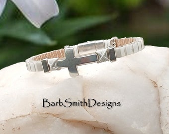 Size 6 1/2" Pearl Silver Cross Bracelet-Metallic Champagne Leather-Magnetic Clasp-"Simply Heavenly" in Pearl (PRL)