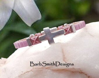 Size 6 1/2" Rose Pink Silver Cross Bracelet-Metallic Champagne Leather-Magnetic Clasp-"Simply Heavenly" in Rose (ROS)