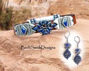 Size 7" Blue Southwestern Bracelet & Earrings Set-Brown Leather-Tribal Magnetic Clasp-"Blackfoot Daisy" in Picasso Blue (PBL)