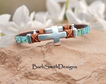 Size 5 3/4" Turquoise Silver Cross Bracelet-Distressed Light Brown Leather-Magnetic Clasp-"Simply Heavenly" in Turquoise (PTB)