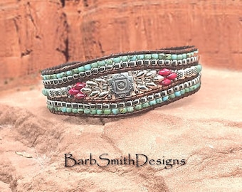 Size 7 1/4" Turquoise and Red Bead Leather Bracelet-Brown Leather-Tribal Magnetic Clasp-"Southern Cross" Bracelet in Turquoise n' Red (PTR)