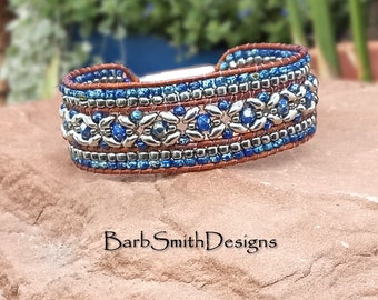 Size 6 3/4" Blue Beaded Bracelet-Tribal Magnetic Clasp-Light Brown Leather-"Fire Dance" Bracelet in Picasso Blue (PBL)