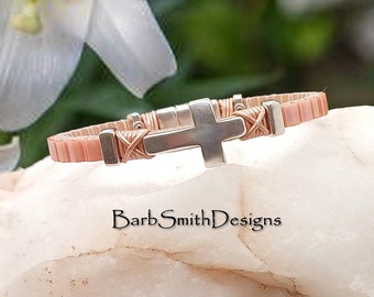 Size 6 1/2" Peach Silver Cross Bracelet-Metallic Champagne Leather-Magnetic Clasp-"Simply Heavenly" in Peach (PCH)