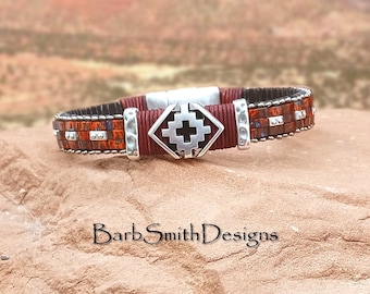 Size 7" Deep Red Beaded Bangle Bracelet-Southwestern-Black Leather-Tribal Magnetic Clasp-"Santa Fe" in Picasso Red (PRD)