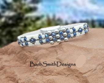 Size 7" White Beaded Leather Bracelet-Southwestern-Fire Polish Beads-Tribal Magnetic Clasp-"Angel Fire" in Stone Wash Denim (SWD)