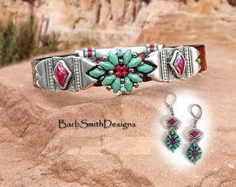 Size 7" Turquoise Red Southwestern Bracelet & Earrings Set-Brown Leather-Tribal Magnetic Clasp-"Blackfoot Daisy" in Turquoise n' Red (PTR)