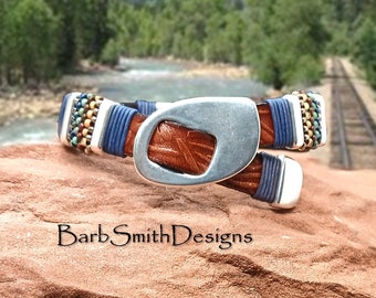 Size 7" Buckle Slide Bracelet-10mm Brown Embossed Leather-Stationary Buckle-Magnetic Back Clasp-Picasso Beads-"Silverton" in Aztec (AZT)