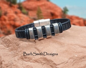 Size 6 1/2" Men's Black Beaded Leather Bracelet-Magnetic Clasp-Black Leather-Men's "Sedona" Bracelet in Black (MBK)