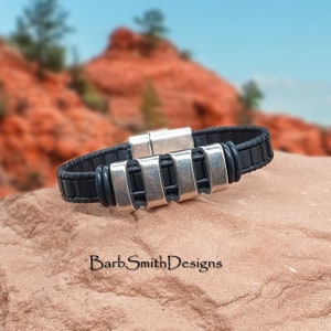 Size 6 1/2 Men's Black Beaded Leather Bracelet-Magnetic Clasp-Black Leather-Men's Sedona Bracelet in Black MBK image 1