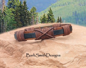 Size 6 1/4" Men's Brown Black Two-Tone Leather Bracelet-Interlocking Magnetic Clasp-"Durango" Bracelet in Brown (BRN)