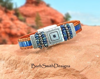Size 6 3/4" Blue Beaded Southwestern Bracelet-Tribal Magnetic Clasp-Distressed Light Brown Leather-"Sedona" Bracelet in Picasso Blue (PBL)
