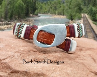 Size 7" Stationary Buckle Slide Bracelet-10mm Brown Embossed Leather-Magnetic Back Clasp-Picasso Beads-"Silverton" in Turquoise n' Red (PTR)