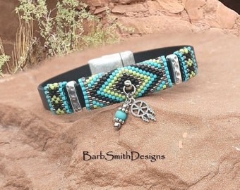 Turquoise Beaded Peyote Bracelet-Black Leathe-Charm Choice-Magnetic Clasp Choice-"Native Charm" in Turquoise n' Chartreuse (CHR)