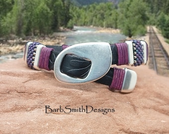 Size 6 3/4" Buckle Slide Bracelet-10mm Black Embossed Leather-Stationary Buckle-Magnetic Back Clasp-"Silverton" in Black Violet (BKV)