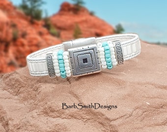 Size 6 3/4" White Turquoise Leather Bracelet-Tribal Magnetic Clasp-Metallic White Leather-"Sedona" Bracelet in Pearl n' Turquoise (PTT)