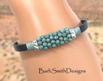 Trendy Beaded Leather Bracelet-Picasso Turquoise on Black Leather-Magnetic Clasp-"Rock Candy" Bracelet in Picasso Turquoise (PTG)