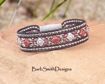 Size 7" Red and Black Beaded Bracelet-Tribal Magnetic Clasp-Black Leather-"Diamonds in the Rough" Bracelet in Picasso Red (PRD)