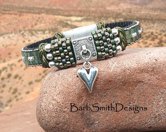 Size 7 1/4" Olive Patina Beaded Leather Bracelet-Choice of Heart Charm-Magnetic Clasp-"Young at Heart" Bracelet in Olive Patina (PAT)