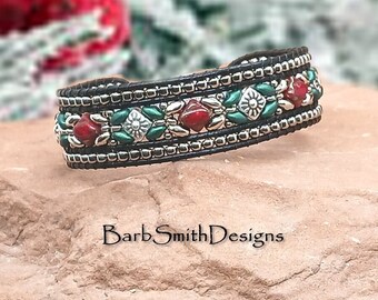 Size 6 1/2" Holiday Beaded Leather Bracelet-Floral Magnetic Clasp-Black Leather-"Diamonds in the Rough" in Holiday Red n' Green (XMS)