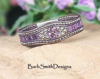 Size 6 3/4" Light Purple Beaded Bracelet-Floral Magnetic Clasp-Metallic Leather-"Mosaic Garden" Bracelet in Amethyst (PTC-AMT)