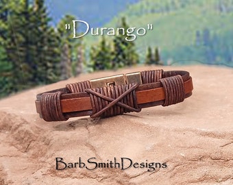 Men's Brown Two-Tone Leather Bracelet-Interlocking Magnetic Clasp-"Durango" Bracelet in Light Brown (DLB)