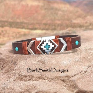 Turquoise &quot;Jewel of the Desert&quot; Beaded Leather Bracelet-Southwestern-Distressed Brown Leather-Silver Accents-Smooth Magnetic Clasp!