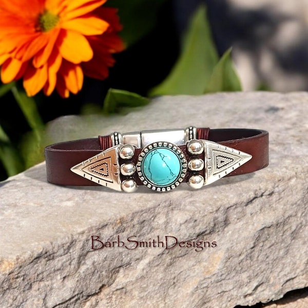 Turquoise "Desert Eagle" Bracelet-Genuine Gemstone in Oval Setting-Deep Brown Leather-Silver Accents-Leather Wraps-Strong Magnetic Clasp