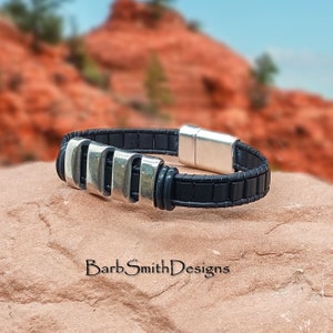 Size 6 1/2 Men's Black Beaded Leather Bracelet-Magnetic Clasp-Black Leather-Men's Sedona Bracelet in Black MBK image 2
