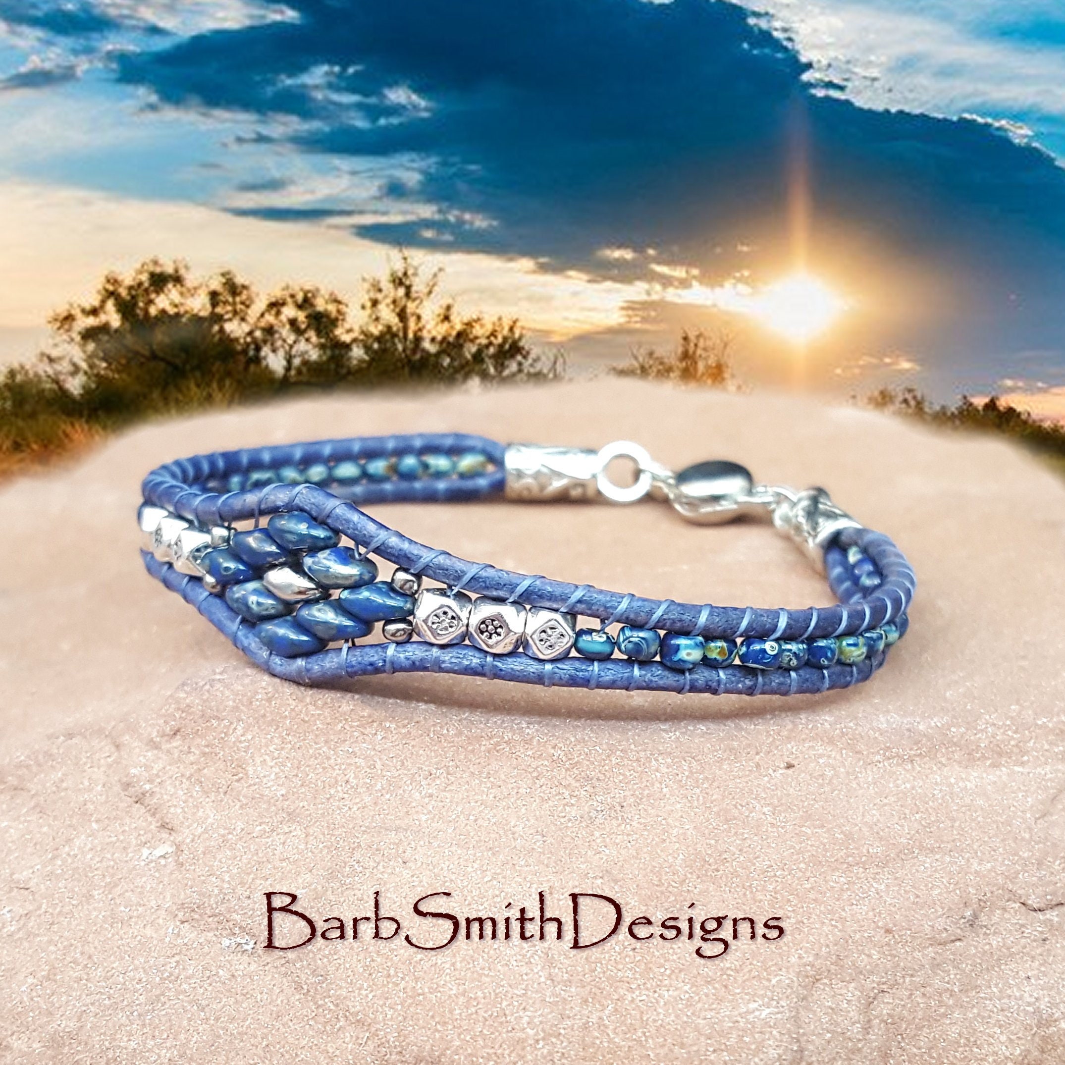 Denim Blue Wrap Braceletslim Beaded Leather Etsy