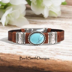 Turquoise &quot;Silver Ridge&quot; Bracelet-Oval Gemstone-Rustic Brown Leather-Silver Accents-Leather Wraps-Strong Magnetic Clasp