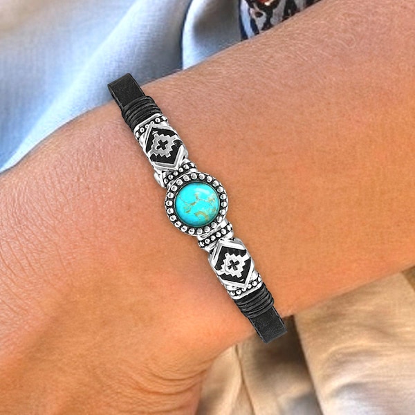 Mohave Turquoise "Oak Creek" Slim Leather Bracelet-Southwestern-Genuine Turquoise-Natural Black Leather-Silver Accents-Strong Snap Clasp