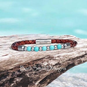 Turquoise &quot;Inner Strength&quot; Gemstone Bracelet-Genuine Turquoise-Stainless Accents-Slim Brown Bolo Leather-Magnetic Cylinder Clasp-Great Gift