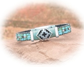 Turquoise Beaded Bangle Bracelet-Southwestern-Black Leather-Tribal Magnetic Clasp-"Santa Fe" in Picasso Turquoise (PTB)
