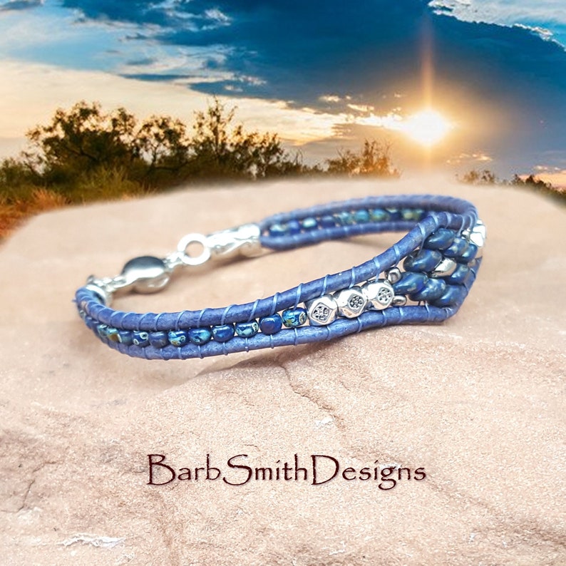 Denim Blue Wrap BraceletSlim Beaded Leather Etsy