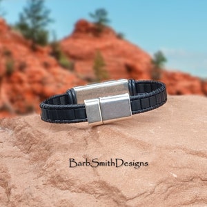 Size 6 1/2 Men's Black Beaded Leather Bracelet-Magnetic Clasp-Black Leather-Men's Sedona Bracelet in Black MBK image 3