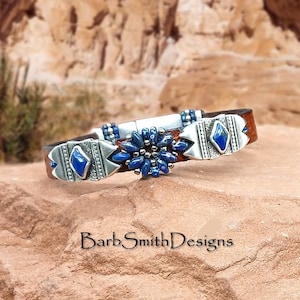 Size 7&quot; Blue Southwestern Beaded Leather Bracelet-Brown Leather-Tribal Magnetic Clasp-&quot;Blackfoot Daisy&quot; in Picasso Blue (PBL)