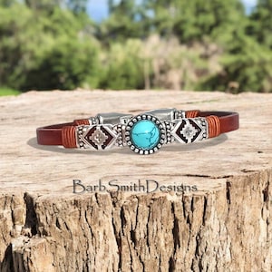 Turquoise &quot;Oak Creek&quot; Slim Leather Bracelet-Southwestern-Genuine Turquoise-Distressed Brown Leather-Silver Accents-Strong Snap Clasp