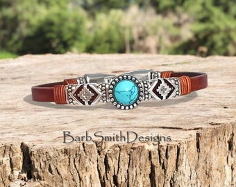Turquoise &quot;Oak Creek&quot; Slim Leather Bracelet-Southwestern-Genuine Turquoise-Distressed Brown Leather-Silver Accents-Strong Snap Clasp