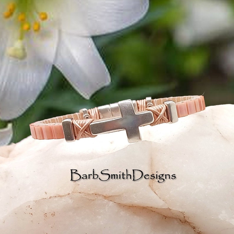 Size 6 1/2 Peach Silver Cross Bracelet-Metallic Champagne Leather-Magnetic ClaspSimply Heavenly in Peach PCH image 1