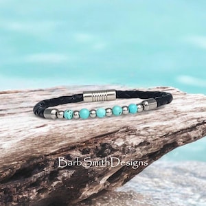 Turquoise &quot;Inner Strength&quot; Gemstone Bracelet-Genuine Turquoise-Stainless Accents-Slim Black Bolo Leather-Magnetic Cylinder Clasp-Great Gift