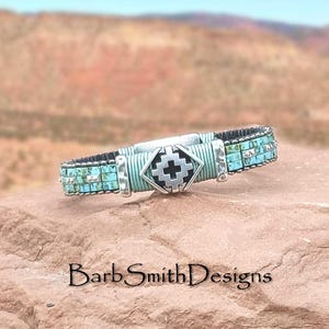 Turquoise Beaded Bangle Bracelet-Southwestern-Black Leather-Tribal Magnetic Clasp-&quot;Santa Fe&quot; in Picasso Turquoise (PTB)