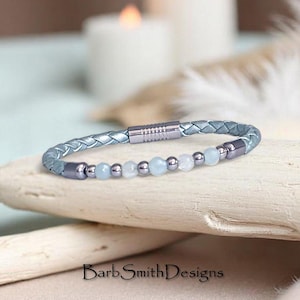 Blue &quot;Inner Strength&quot; Gemstone Bracelet-Genuine Aquamarine-Stainless Accents-Metallic Aqua Bolo Leather-Magnetic Cylinder Clasp-Great Gift