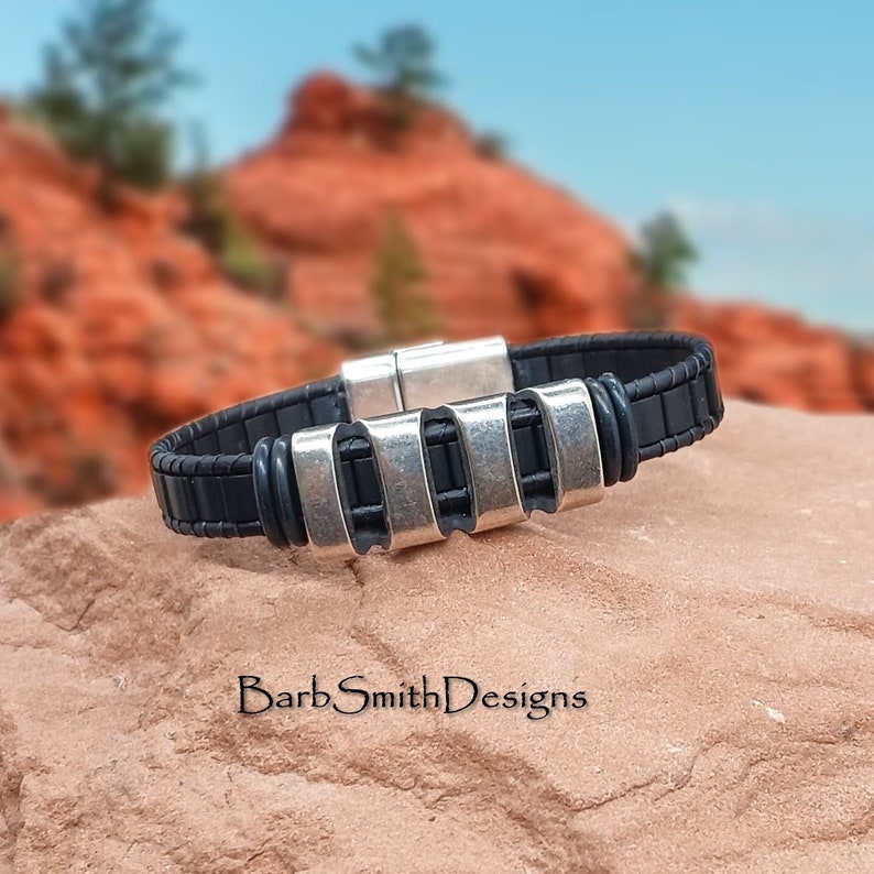 Size 6 1/2 Men's Black Beaded Leather Bracelet-Magnetic Clasp-Black Leather-Men's Sedona Bracelet in Black MBK image 1